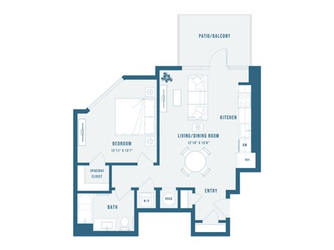 Floor plan for 1 bed, 1 bath, 712 sqft